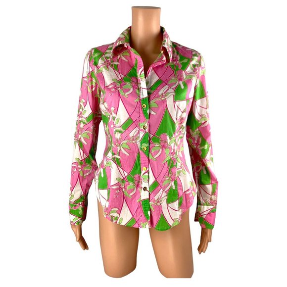 Lilly Pulitzer Tops - Lilly Pulitzer Womens Size Small Long Sleeve Button Front Shirt Pink Tropical